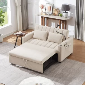 55.9" Convertible Sofa Bed Loveseat Sofa with Three USB Ports, Two Side Pockets, Two Cup Holders and 360Swivel Phone Holder for Living Room, Beige