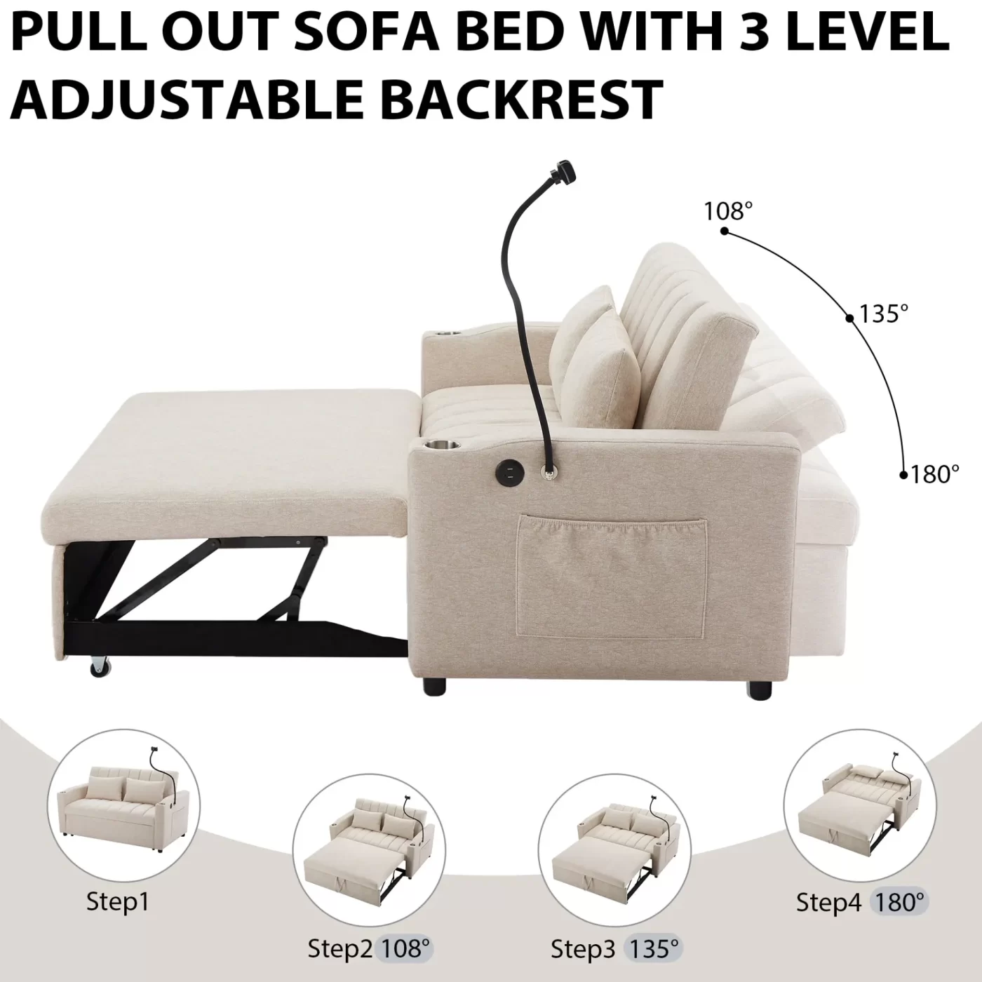 55.9" Convertible Sofa Bed Loveseat Sofa with Three USB Ports, Two Side Pockets, Two Cup Holders and 360Swivel Phone Holder for Living Room, Beige
