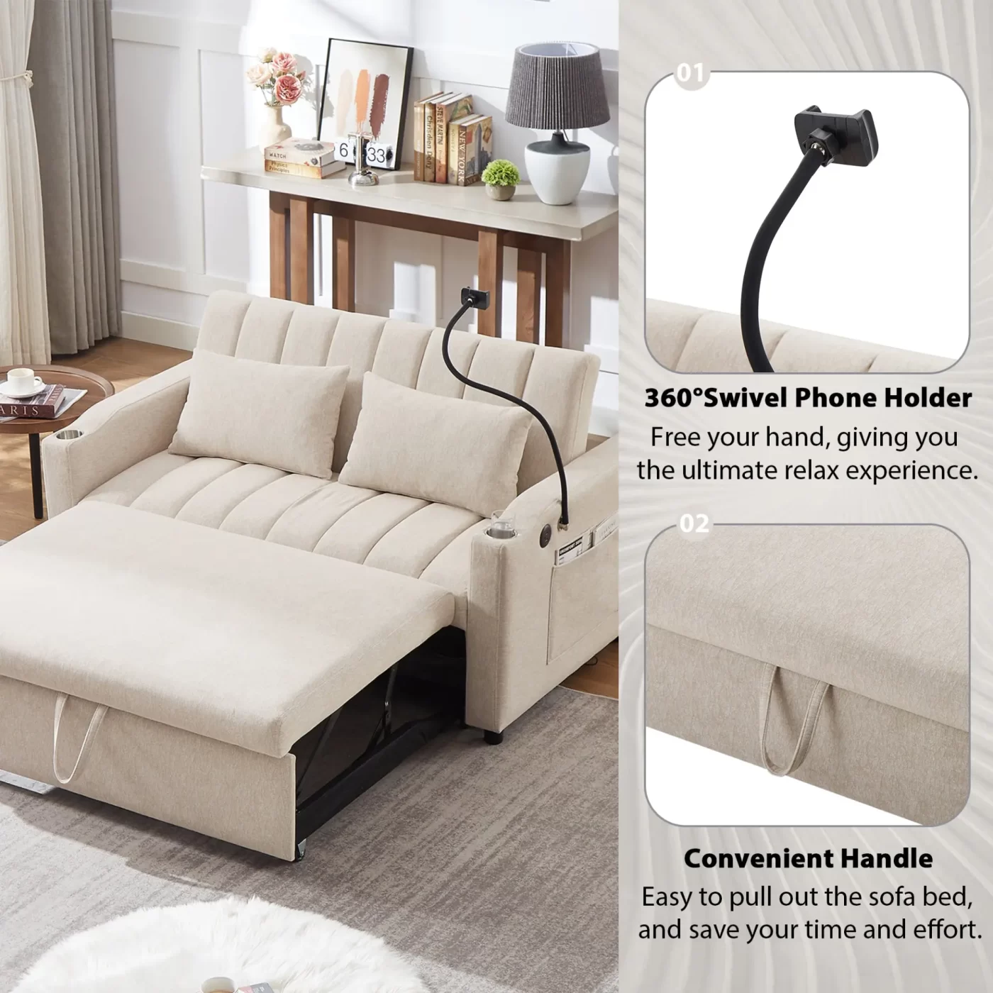 55.9" Convertible Sofa Bed Loveseat Sofa with Three USB Ports, Two Side Pockets, Two Cup Holders and 360Swivel Phone Holder for Living Room, Beige