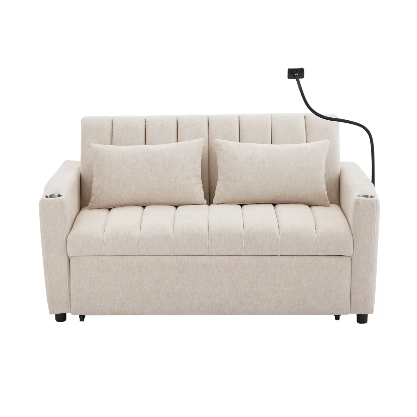55.9" Convertible Sofa Bed Loveseat Sofa with Three USB Ports, Two Side Pockets, Two Cup Holders and 360Swivel Phone Holder for Living Room, Beige