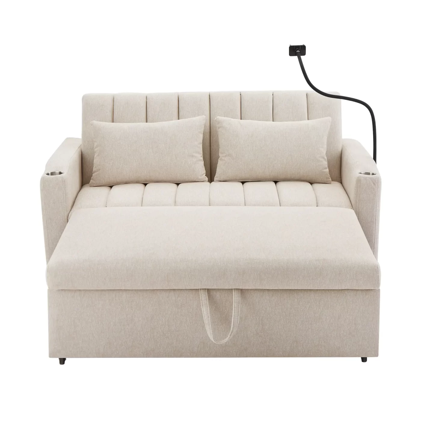 55.9" Convertible Sofa Bed Loveseat Sofa with Three USB Ports, Two Side Pockets, Two Cup Holders and 360Swivel Phone Holder for Living Room, Beige