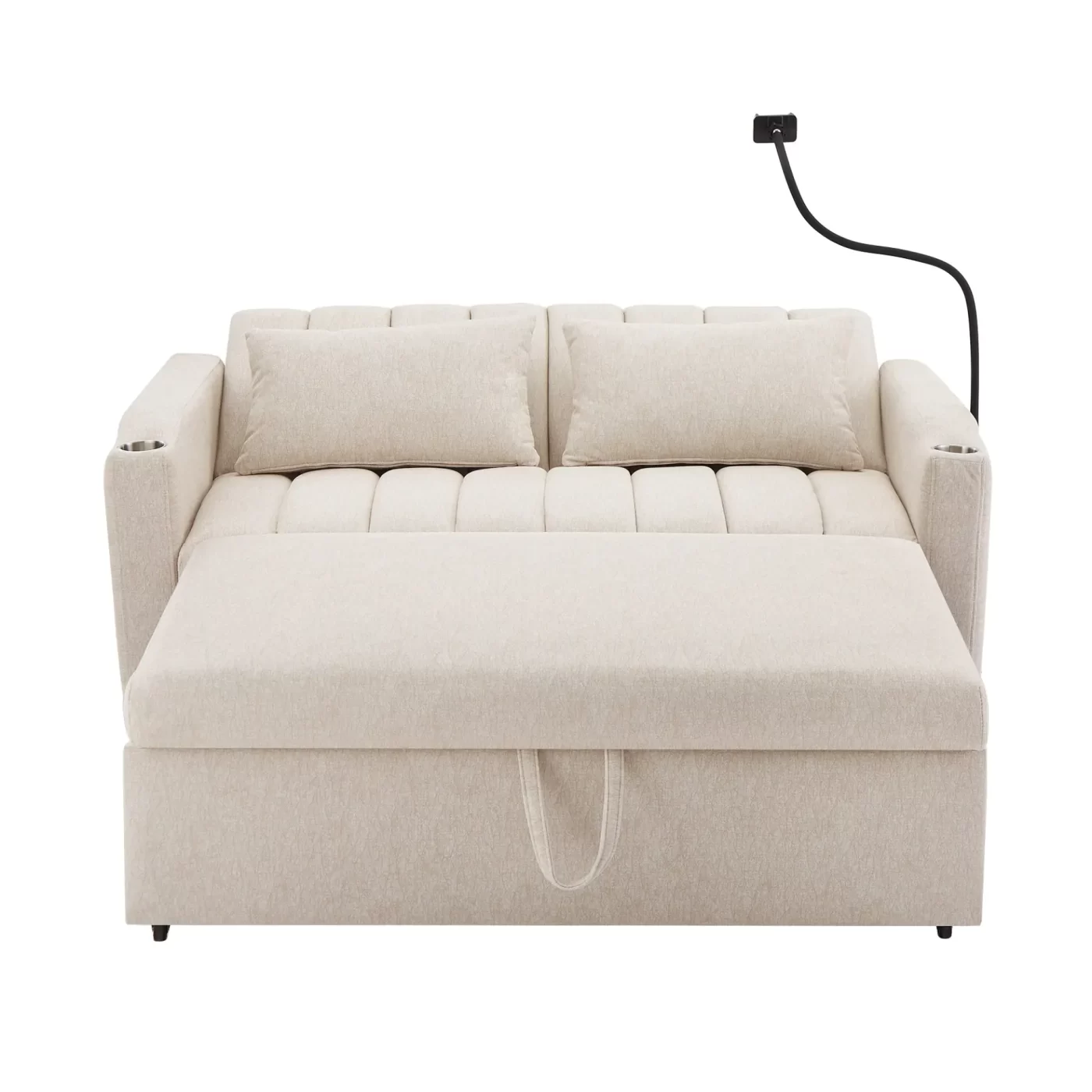 55.9" Convertible Sofa Bed Loveseat Sofa with Three USB Ports, Two Side Pockets, Two Cup Holders and 360Swivel Phone Holder for Living Room, Beige