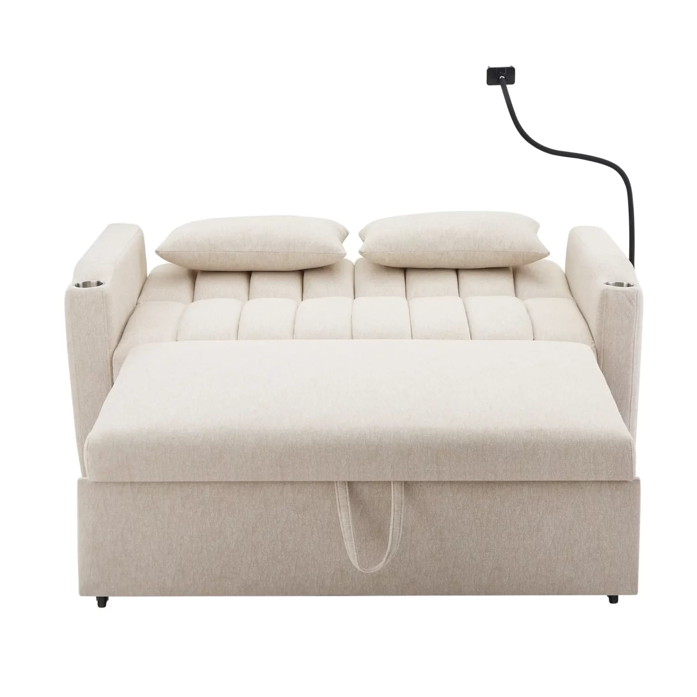 55.9" Convertible Sofa Bed Loveseat Sofa with Three USB Ports, Two Side Pockets, Two Cup Holders and 360Swivel Phone Holder for Living Room, Beige