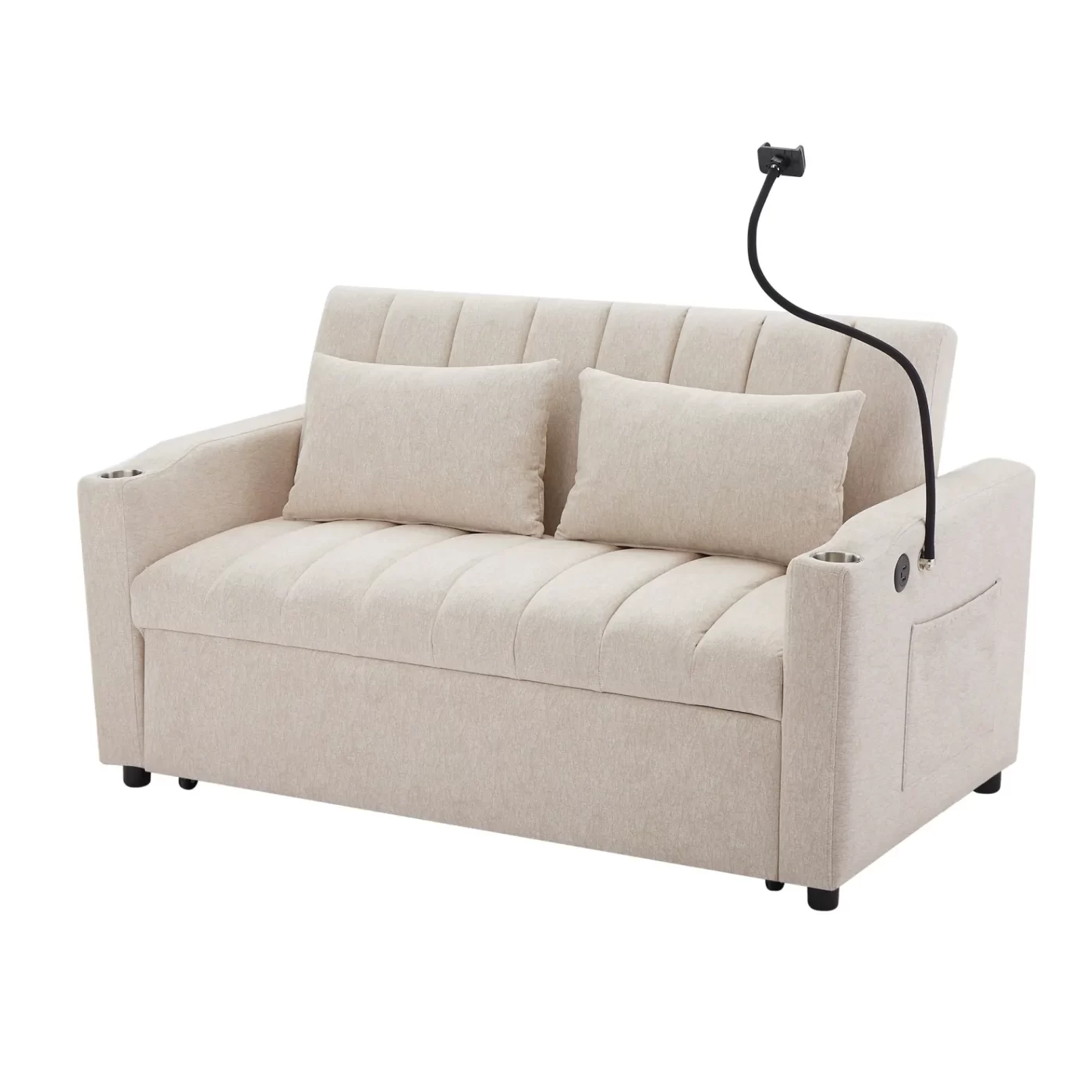 55.9" Convertible Sofa Bed Loveseat Sofa with Three USB Ports, Two Side Pockets, Two Cup Holders and 360Swivel Phone Holder for Living Room, Beige