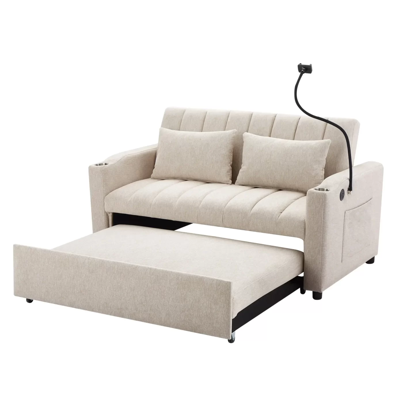 55.9" Convertible Sofa Bed Loveseat Sofa with Three USB Ports, Two Side Pockets, Two Cup Holders and 360Swivel Phone Holder for Living Room, Beige