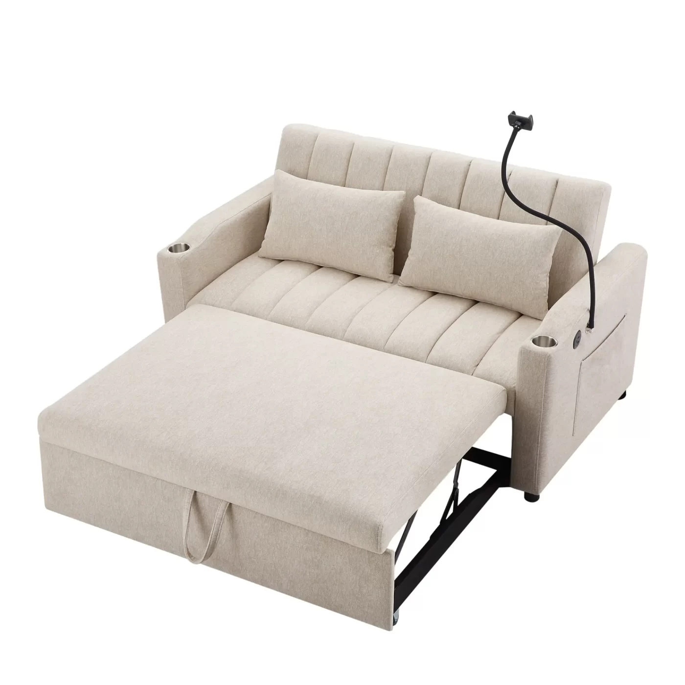 55.9" Convertible Sofa Bed Loveseat Sofa with Three USB Ports, Two Side Pockets, Two Cup Holders and 360Swivel Phone Holder for Living Room, Beige