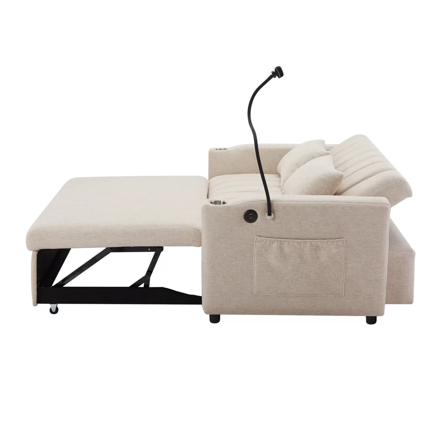 55.9" Convertible Sofa Bed Loveseat Sofa with Three USB Ports, Two Side Pockets, Two Cup Holders and 360Swivel Phone Holder for Living Room, Beige