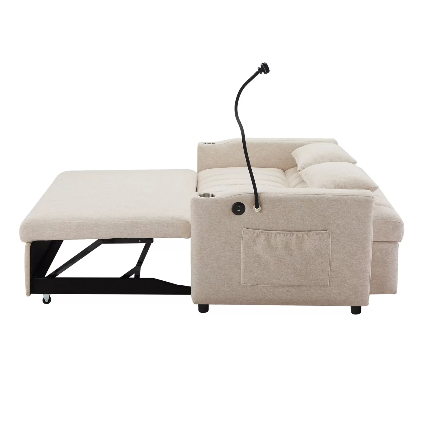 55.9" Convertible Sofa Bed Loveseat Sofa with Three USB Ports, Two Side Pockets, Two Cup Holders and 360Swivel Phone Holder for Living Room, Beige