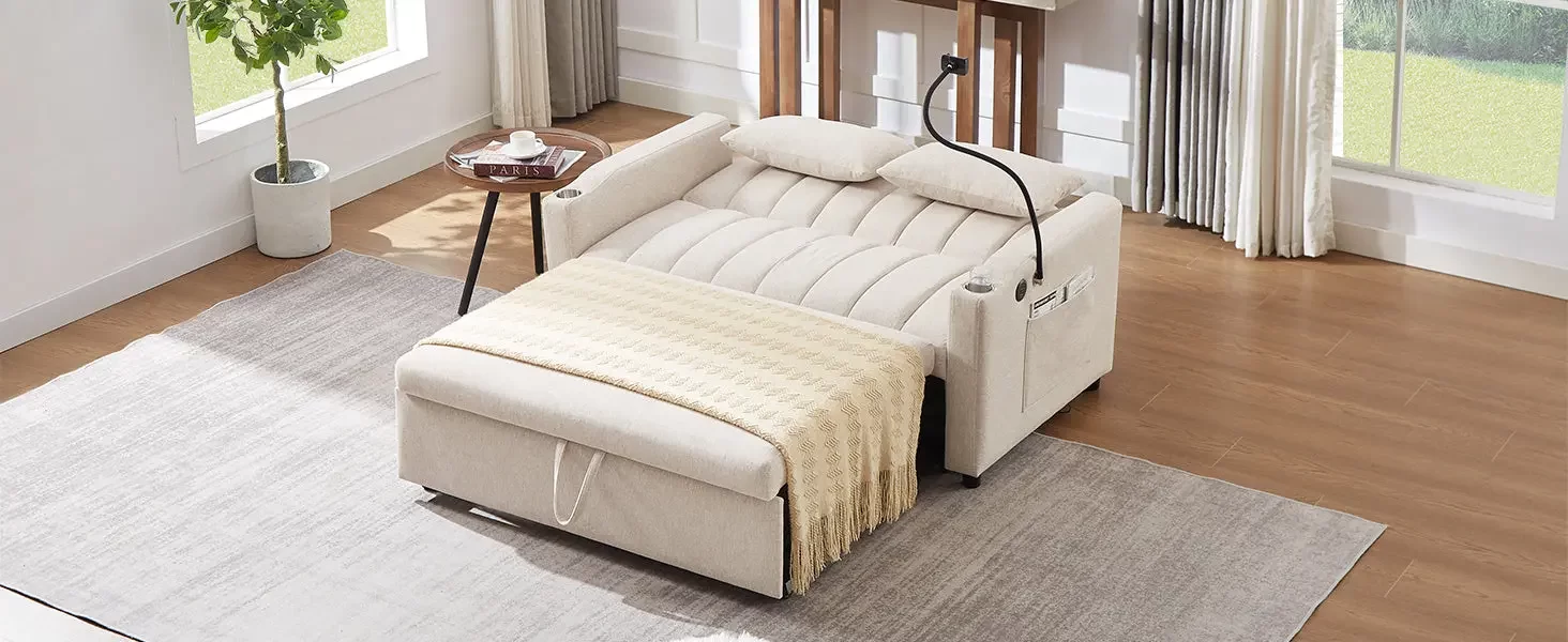 55.9" Convertible Sofa Bed Loveseat Sofa with Three USB Ports, Two Side Pockets, Two Cup Holders and 360Swivel Phone Holder for Living Room, Beige