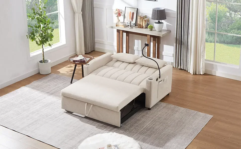 55.9" Convertible Sofa Bed Loveseat Sofa with Three USB Ports, Two Side Pockets, Two Cup Holders and 360Swivel Phone Holder for Living Room, Beige