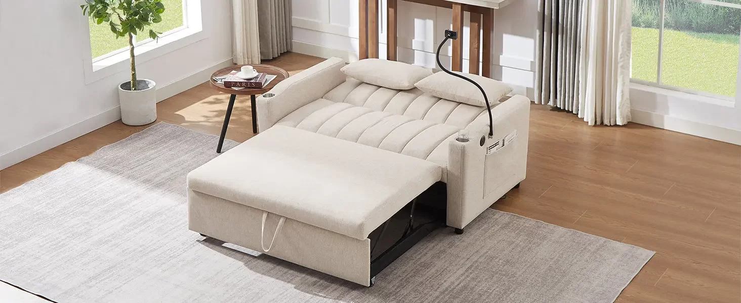55.9" Convertible Sofa Bed Loveseat Sofa with Three USB Ports, Two Side Pockets, Two Cup Holders and 360Swivel Phone Holder for Living Room, Beige
