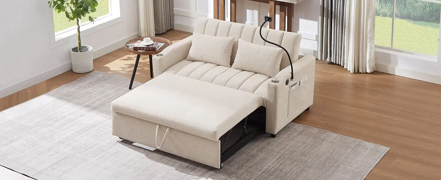 55.9" Convertible Sofa Bed Loveseat Sofa with Three USB Ports, Two Side Pockets, Two Cup Holders and 360Swivel Phone Holder for Living Room, Beige