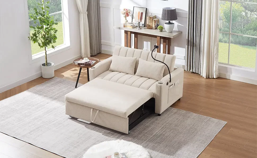 55.9" Convertible Sofa Bed Loveseat Sofa with Three USB Ports, Two Side Pockets, Two Cup Holders and 360Swivel Phone Holder for Living Room, Beige