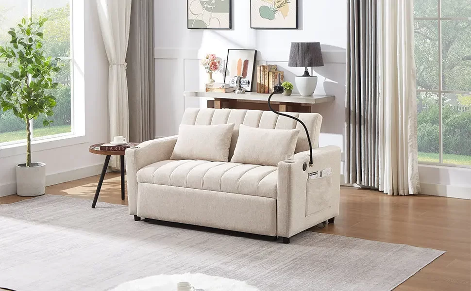55.9" Convertible Sofa Bed Loveseat Sofa with Three USB Ports, Two Side Pockets, Two Cup Holders and 360Swivel Phone Holder for Living Room, Beige