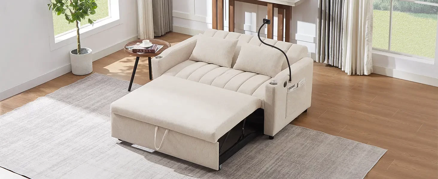 55.9" Convertible Sofa Bed Loveseat Sofa with Three USB Ports, Two Side Pockets, Two Cup Holders and 360Swivel Phone Holder for Living Room, Beige