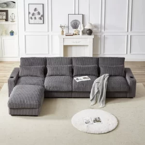126-inch Corduroy With Cup Holder Super Large L-Shaped Sofa, Movable Footrest, Four Waist Pillows And Four Back Cushion, With USB Port And Type-C Port
