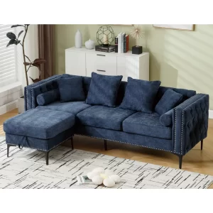 L Shaped Sectional Sofa , Convertible Storage Ottoman,Chenille ,Square Arm, Modern Tufted Couch ,3 Seater, And Nailhead,Blue
