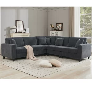 Oversized Modular Sectional Sofa Set, L Shaped Couch,Corduroy ,Upholstered,Deep Seat,,5 Seat,5 Throw pillow and 6 back cushion,Living Room, Apartment , Gray