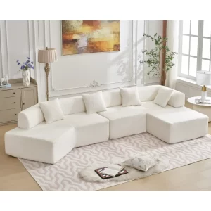 Modern Minimalist 140" L-Shape Couch ,No Assembly Required,Boucle,Modular Sofa ,Couch with Chaise,Free Combination Foam-Filled Sofa, 4 Seats,White
