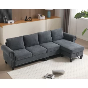 Convertible Sectional Sofa with Storage,L-shaped sofa,Four-seater sofa,Modern Linen Fabric Sectional Couches for Living Room,Gray
