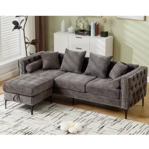 L Shaped Sectional Sofa , Convertible Storage Ottoman,Chenille ,Square Arm, Modern Tufted Couch ,3 Seater, And Nailhead, Dark gray