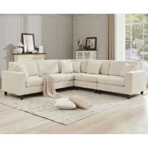 Oversized Modular Sectional Sofa Set, L Shaped Couch,Corduroy ,Upholstered,Deep Seat,,5 Seat,5 Throw pillow and 6 back cushion,Living Room, Apartment ,Beige