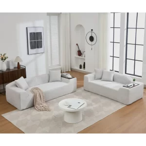 2 Piece Boucle Cloud Sofa Set, Upholstered Sofa Set, Modern 3 Seater and 2 Seater Sofa with MDF End Table for Living Room ,Apartment,3+2 couch,Boucle, Light Gray