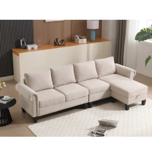 Convertible Sectional Sofa with Storage,L-shaped sofa,Four-seater sofa,Modern Linen Fabric Sectional Couches for Living Room, Beige