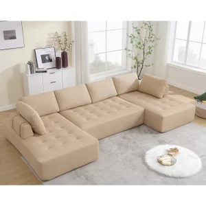 138.5 "Modular Combination Sofa, U-shaped Sofa, Living Room, Apartment, Upholstered ,6-seat Sofa, Free Combination Sofa (Mesh Fabric), Breathable Fabric, Khaki