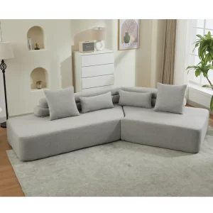 128"Minimalist Cloud Sectional Couch ,Modern Couches ,4-Seater ,No Assembly,Two modular sofa,Boucle Teddy Fabric, upholstered , anti-wrinkle fabric,Light Gray