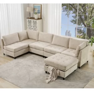 Modular Sectional Couch with Storage Ottoman, U Shaped Sofa, Storage Ottoman,Minimalist ,Convertible Modular Sofa,Chenille ,Upholstered,6 Seat,Living Room, Beige