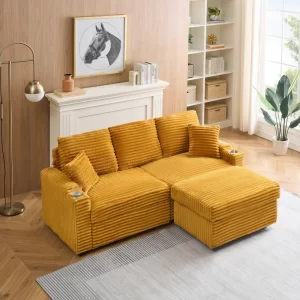 An 80-inch foldable and hidden chaise longue orange corduroy sofa with cup holders on the armrests, a footrest and storage function, which is suitable for the bedroom and living room.