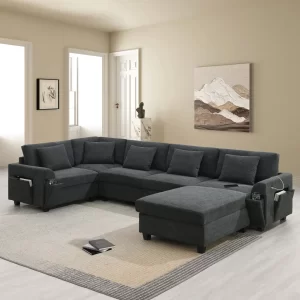 128*67" U Shaped Sectional Sofa,6 Seat Chenille Couch Set with Oversized Ottoman,Hidden Armrest Storage and Cup Holders,USB Charging Ports,Wide Seat Sofa for Living Room,Apartment,2 Colors