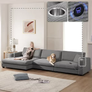 134*54" Oversized Corduroy Sectional Sofa,L Shaped Cloud Couch with USB Charging Port,Cup Holder,Deep and Wide Seat Sofa with 50" Chaise,Comfy Indoor Furniture for Living Room,3 Colors
