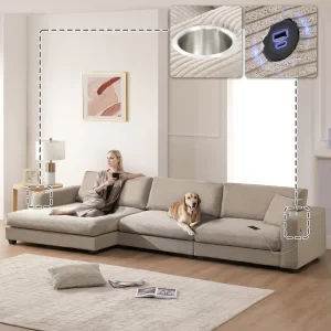 134*54" Oversized Corduroy Sectional Sofa,L Shaped Cloud Couch with USB Charging Port,Cup Holder,Deep and Wide Seat Sofa with 50" Chaise,Comfy Indoor Furniture for Living Room,3 Colors