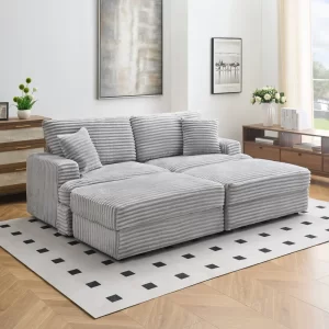 82 inches gray corduroy sofa, two storage feet +4 throw pillows, create a living room, office fashion new darling!