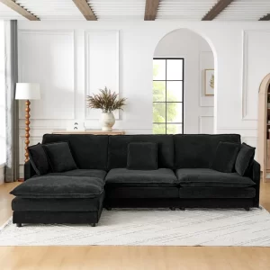 Modern Home Living Room L-Shaped Sectional Sofa Couches with Storage Ottoman, Convertible Oversized 4 Seater Couch Towel Fabric, Black