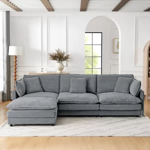 Modern Home Living Room L-Shaped Sectional Sofa Couches with Storage Ottoman, Convertible Oversized 4 Seater Couch Towel Fabric, Grey