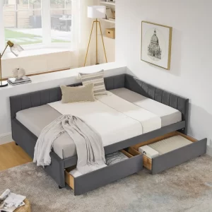 Full Size Upholstered Tufted Bed Frame with Two Drawers, Sofa Bed Frame with Comfortable Backrest and Armrests, Velvet, Grey(79.5''x58''x25'')