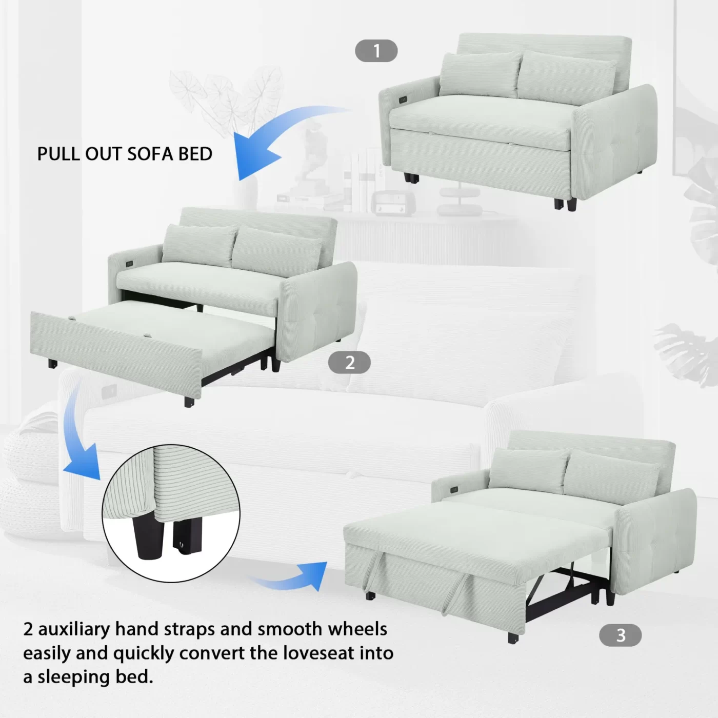 57.48" Pull-out Sofa Bed Convertible Couch 2 Seat Loveseat Sofa Modern Sleeper Sofa with Two Throw Pillows and USB Ports for Living Room, Light Grey-Green(Old Sku:WF317760AAE)