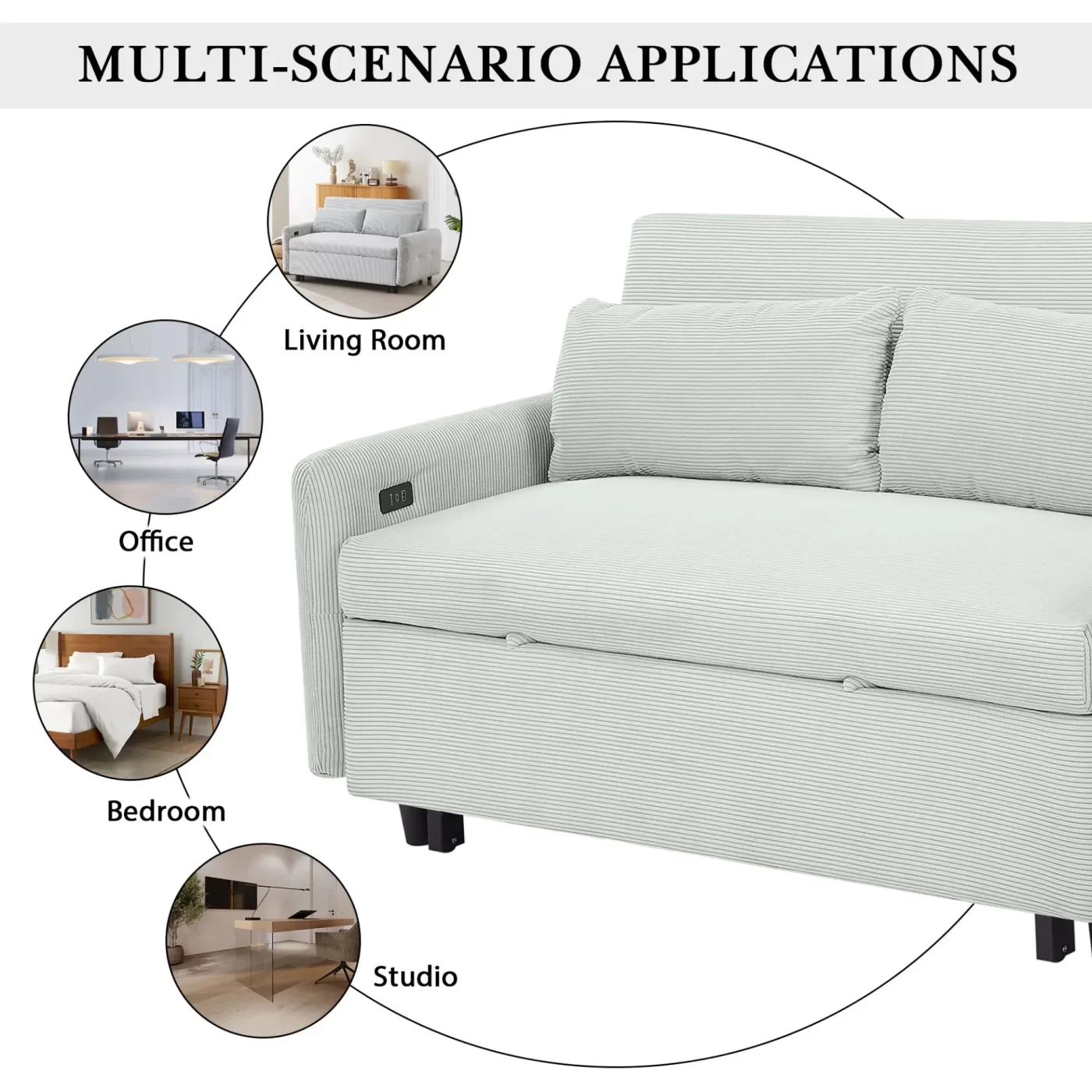 57.48" Pull-out Sofa Bed Convertible Couch 2 Seat Loveseat Sofa Modern Sleeper Sofa with Two Throw Pillows and USB Ports for Living Room, Light Grey-Green(Old Sku:WF317760AAE)