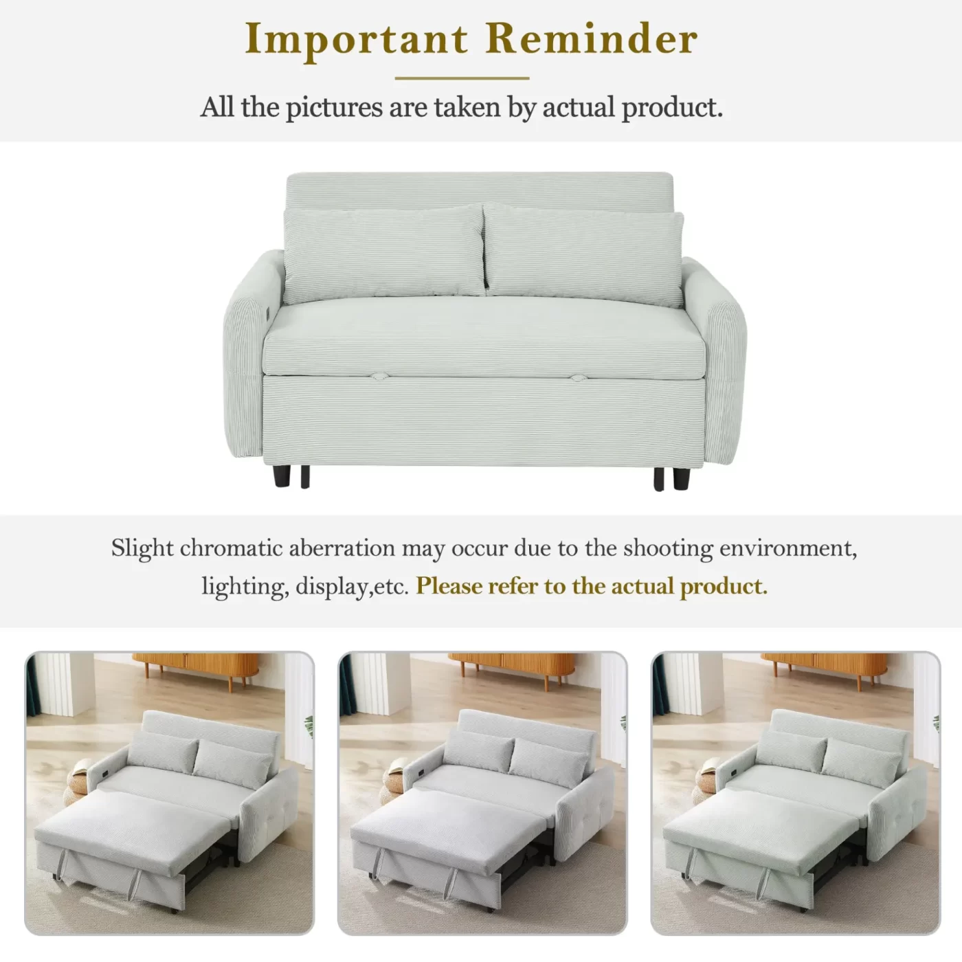 57.48" Pull-out Sofa Bed Convertible Couch 2 Seat Loveseat Sofa Modern Sleeper Sofa with Two Throw Pillows and USB Ports for Living Room, Light Grey-Green(Old Sku:WF317760AAE)