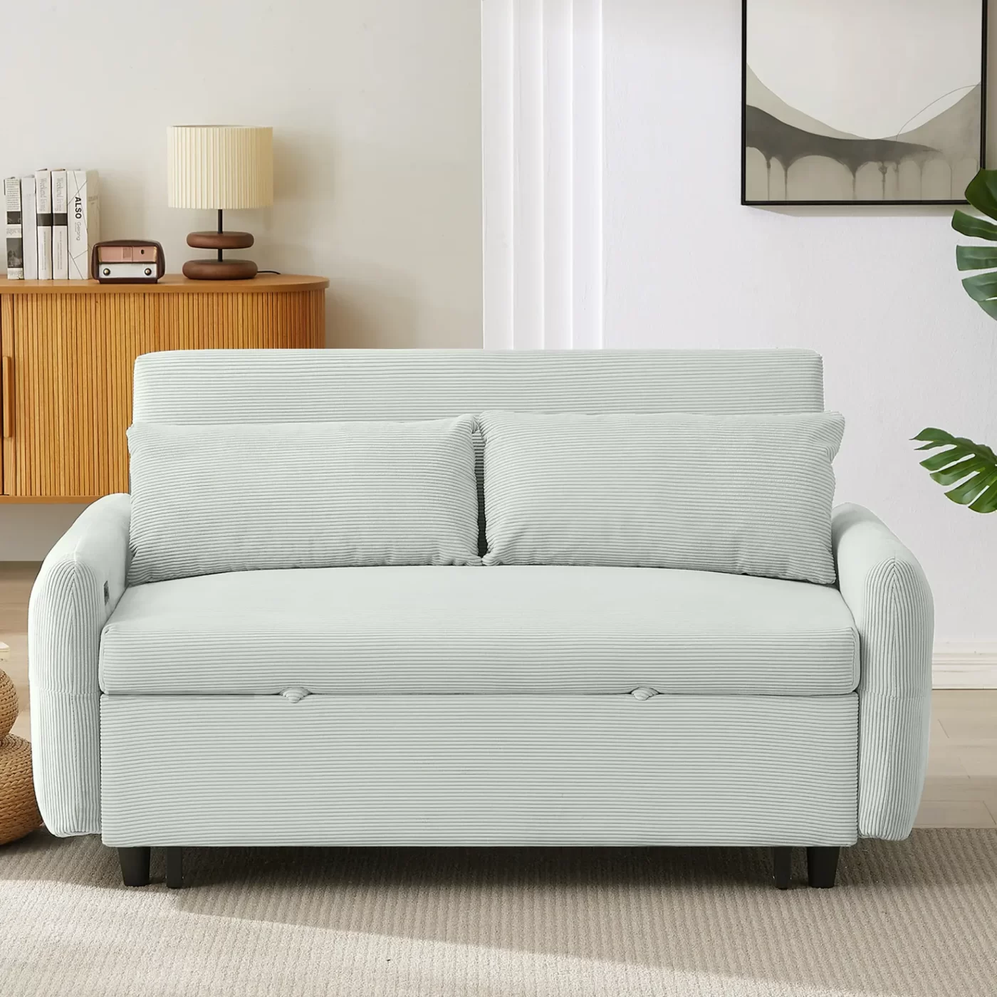 57.48" Pull-out Sofa Bed Convertible Couch 2 Seat Loveseat Sofa Modern Sleeper Sofa with Two Throw Pillows and USB Ports for Living Room, Light Grey-Green(Old Sku:WF317760AAE)