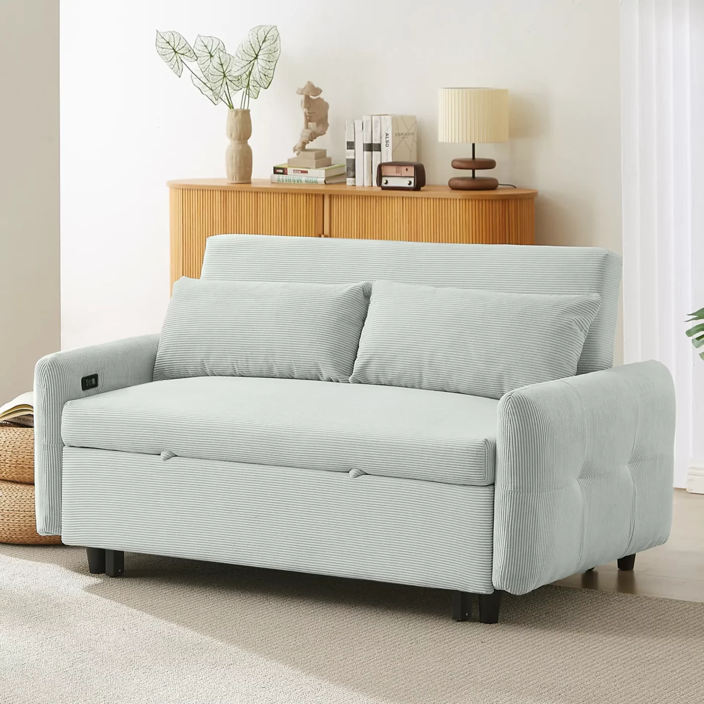 57.48" Pull-out Sofa Bed Convertible Couch 2 Seat Loveseat Sofa Modern Sleeper Sofa with Two Throw Pillows and USB Ports for Living Room, Light Grey-Green(Old Sku:WF317760AAE)
