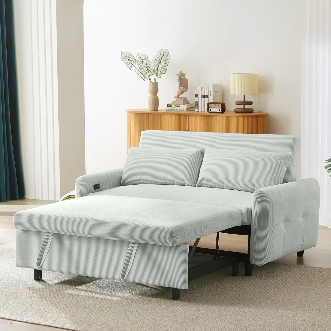 57.48" Pull-out Sofa Bed Convertible Couch 2 Seat Loveseat Sofa Modern Sleeper Sofa with Two Throw Pillows and USB Ports for Living Room, Light Grey-Green(Old Sku:WF317760AAE)