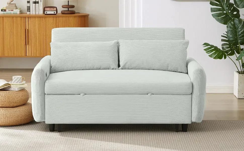 57.48" Pull-out Sofa Bed Convertible Couch 2 Seat Loveseat Sofa Modern Sleeper Sofa with Two Throw Pillows and USB Ports for Living Room, Light Grey-Green(Old Sku:WF317760AAE)