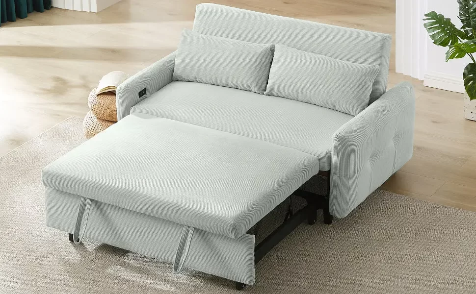 57.48" Pull-out Sofa Bed Convertible Couch 2 Seat Loveseat Sofa Modern Sleeper Sofa with Two Throw Pillows and USB Ports for Living Room, Light Grey-Green(Old Sku:WF317760AAE)