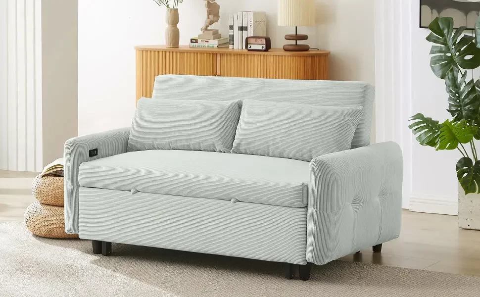 57.48" Pull-out Sofa Bed Convertible Couch 2 Seat Loveseat Sofa Modern Sleeper Sofa with Two Throw Pillows and USB Ports for Living Room, Light Grey-Green(Old Sku:WF317760AAE)