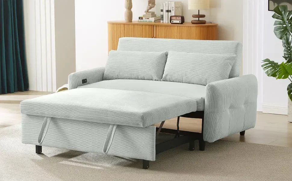 57.48" Pull-out Sofa Bed Convertible Couch 2 Seat Loveseat Sofa Modern Sleeper Sofa with Two Throw Pillows and USB Ports for Living Room, Light Grey-Green(Old Sku:WF317760AAE)