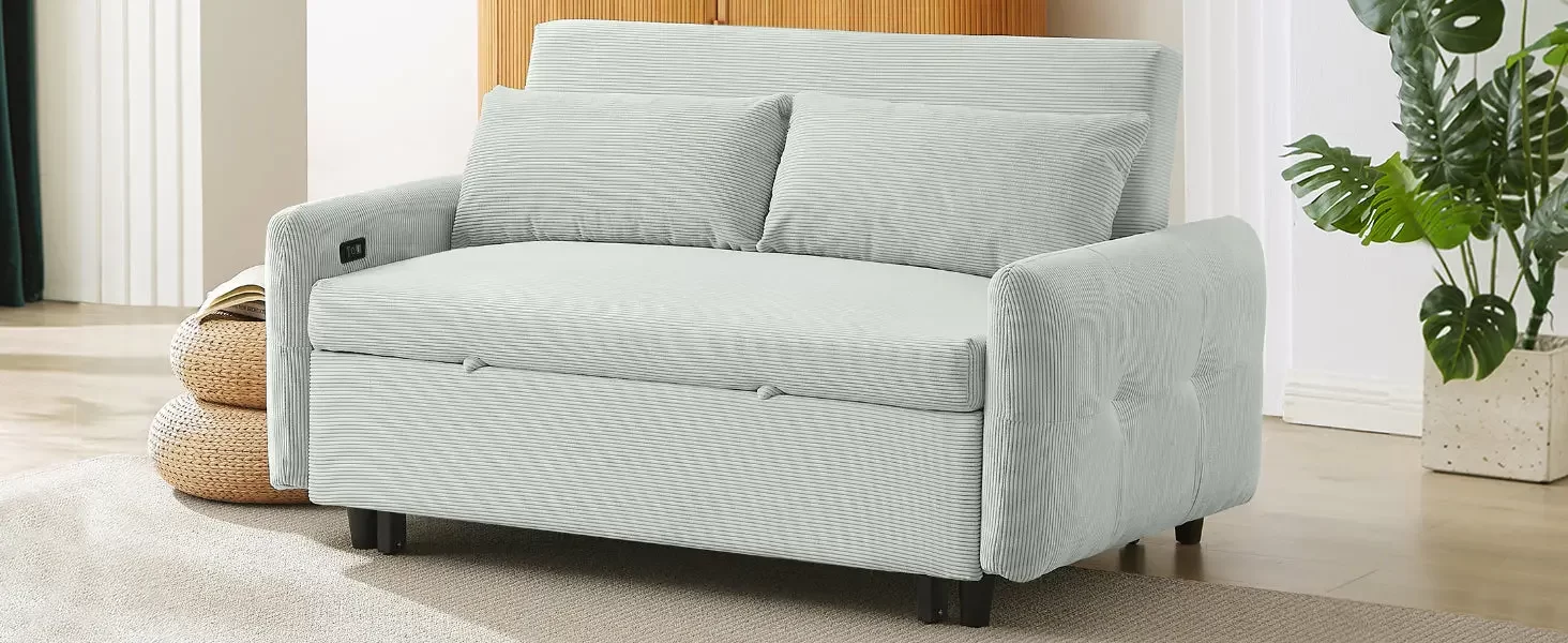 57.48" Pull-out Sofa Bed Convertible Couch 2 Seat Loveseat Sofa Modern Sleeper Sofa with Two Throw Pillows and USB Ports for Living Room, Light Grey-Green(Old Sku:WF317760AAE)